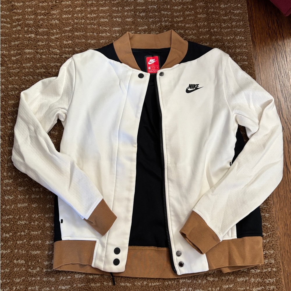 Nike Women's Black, White, and Tan Varsity Jacket